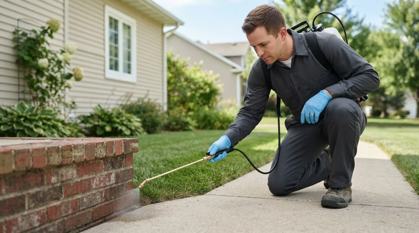 Pest control technician treating a home near Sterling, PA
